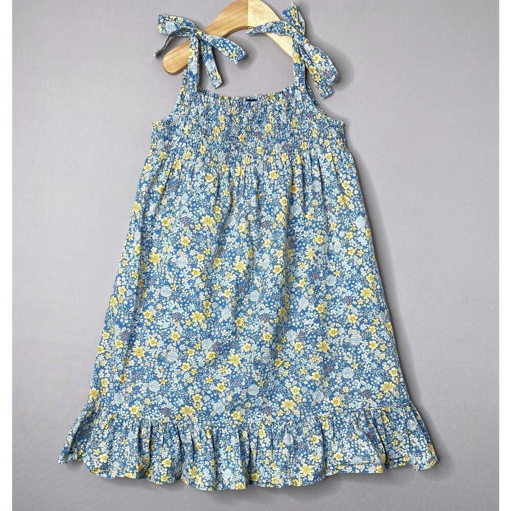 Busy Bees Floral Smocked Shoulder Tie Blue/Yellow India Sundress Girls 8 Yrs